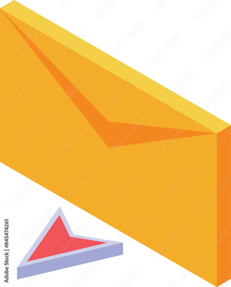 Poster isometric yellow envelope sending email with red cursor arrow pointing on it
