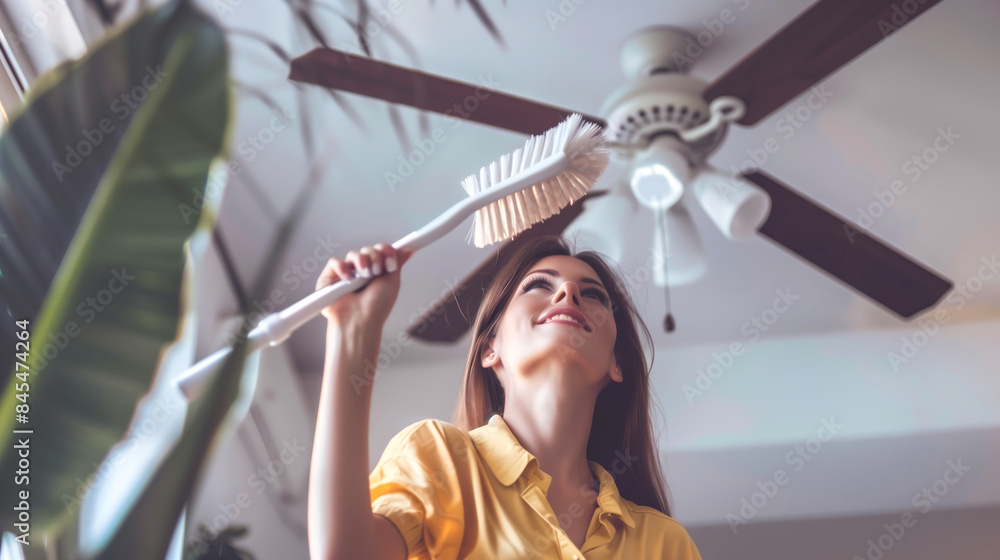 Wall mural woman cleaning a ceiling fan with a long brush