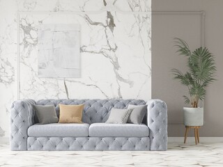 Mock up of a cool living room with a trendy design with a stylish comfortable sofa and an original decorative background, 3D rendering.
