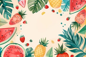 Watercolor summer template, frame with tropical fruits and leaves. Hello summer. Poster, template for social media, banner, postcard. Watercolor illustration, texture, hand drawing.