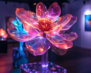 Interactive birthday flower display with touch-sensitive petals, emitting soft neon light, and a futuristic setting with advanced tech decorations