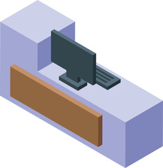 Modern reception desk with computer showing blank screen for greeting clients, perfect for welcoming visitors