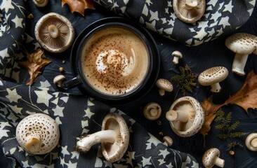 Close up  mushroom coffee in black cup on dark background.  Superfood trendy healthy concept. with copy space,  Healthy organic energizing adaptogen, endurance boosting food trends. with copy space. 