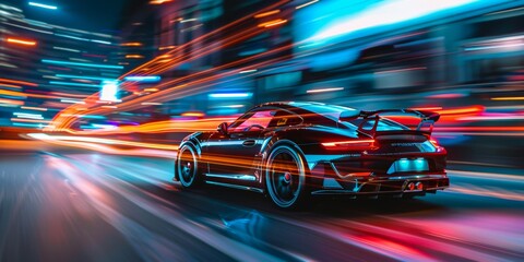 Sleek sports car speeding through neon-lit city streets