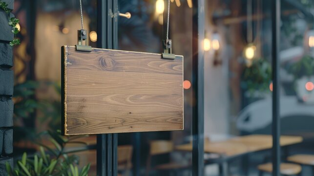 blank vintage wooden sign board hanging on glass door in modern cafe restaurant  advertisement marketing and small business owner concept