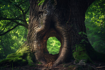 Obraz premium A tree with a hollow trunk, providing shelter to small animals and birds, creating a safe haven and representing protection, refuge, and nurturing care.