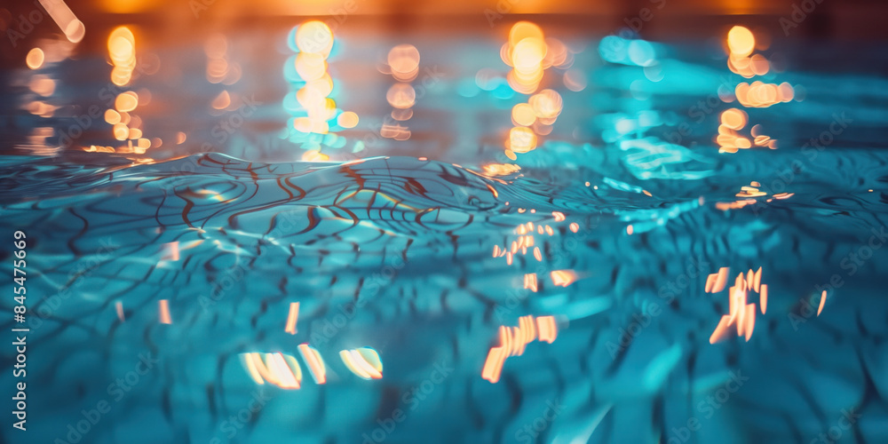 Poster abstract background with blurry lights on pool water. caustics and bokeh. created with generative ai