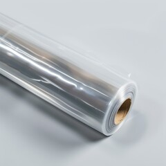 Clear Plastic Film Roll for Packaging and Industrial Use Isolated on Grey Background