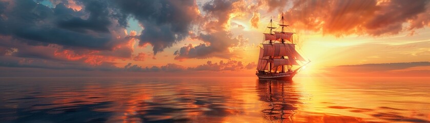 Obraz premium Sailing ship at sunset, calm sea, distant ship, warm lighting, peaceful scene, Hyperrealism, Historical 8K , high-resolution, ultra HD,up32K HD