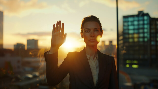 Female politicians raise their hands to take the oath of office.