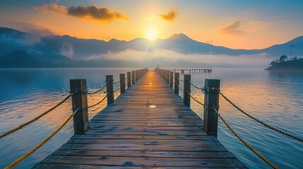 Obraz premium dock at the pier surround scenic view of mountain in the mist and sunrise at Sun moon lake