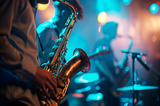 jazz band performing on stage at the club. AI generative.
