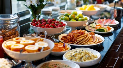 High-angle view of an American brunch buffet with pancakes, bacon, scrambled eggs, and fresh fruit