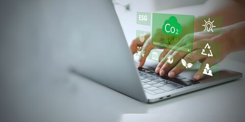 A person using laptop on esg concept on virtual.
