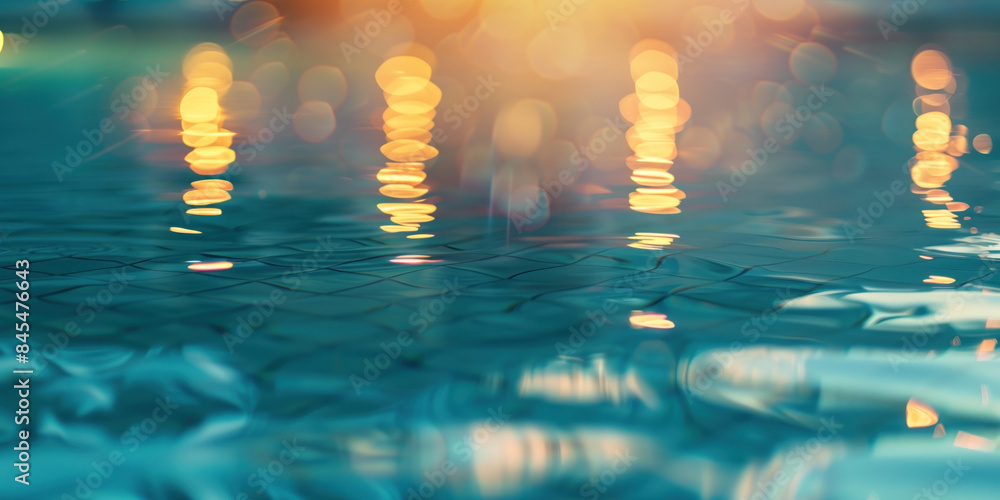 Poster abstract background with blurry lights on pool water. caustics and bokeh. created with generative ai