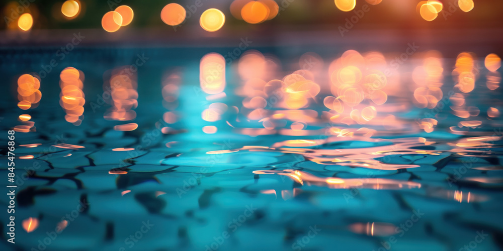 Poster abstract background with blurry lights on pool water. caustics and bokeh. created with generative ai