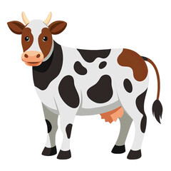 A cartoon illustration of a black and white cow standing on a transparent background. The cow is facing the viewer and has a friendly expression. Generative AI