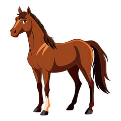 Obraz premium A brown horse stands with its head turned slightly to the left, its mane and tail flowing down its back. It is isolated on a white background. Generative AI