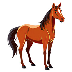 Obraz premium A brown horse with a black mane and tail stands on a white background. The horse is looking to the right. Generative AI