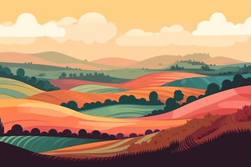 Forest landscape illustration. Background with house.