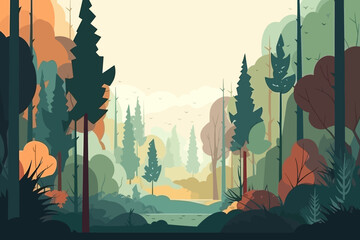 Forest landscape illustration. Background with sunset.