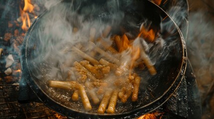 High-angle view of bamboo shoots being cooked in a traditional Asian stir-fry dish