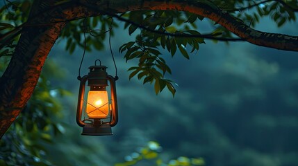 lamp hang for lighting to camping in the natural park. A hanging oil lamp on the camping