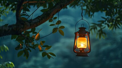 lamp hang for lighting to camping in the natural park. A hanging oil lamp on the camping