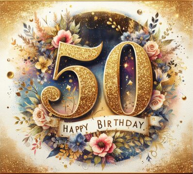 Elegant 50th birthday design with golden numbers, floral decorations, and confetti