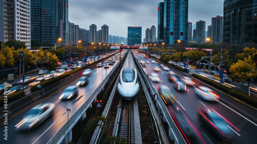 Poster high-speed train passing through a modern railway bridge over a busy highway