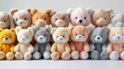Big set of cute fluffy animal dolls for nursery and children's playroom