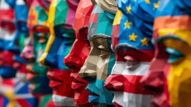 A row of faces painted in the colors of various national flags, celebrating the European Day of Languages