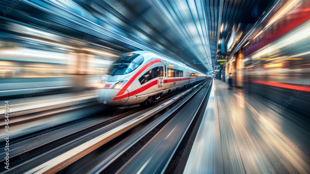 Poster High-speed train zooming through a modern railway station platform with blurred motion effect
