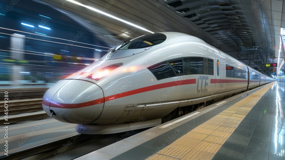 Aufkleber High-speed train zooming through a modern railway station platform with blurred motion effect