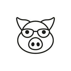 Pig with glasses. Outline vector icon. Front view. Isolated illustration on white background. Flat style and design.
