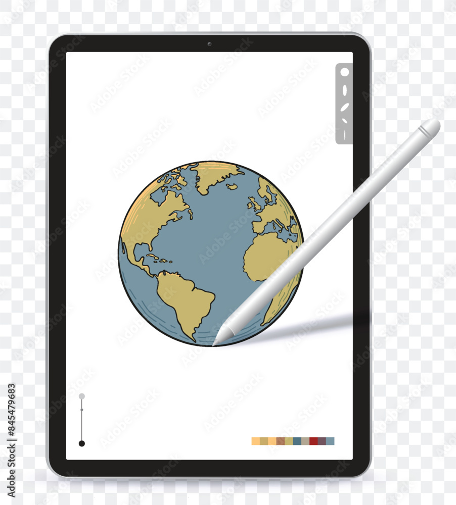 Aufkleber digital drawing with tablet computer and pen. hand drawn earth globe vector illustration on tablet p