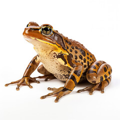 Fototapeta premium A green frog with yellow eyes is sitting on a white background