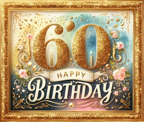 Elegant 60th birthday card with gold glitter numbers, floral accents, and a festive design.