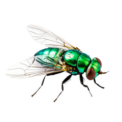 A green fly with red eyes is on a white background