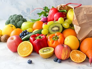 A variety of fresh fruits and vegetables spilling out of a brown paper bag onto a white surface The composition highlights the vibrant colors and textures of the produce