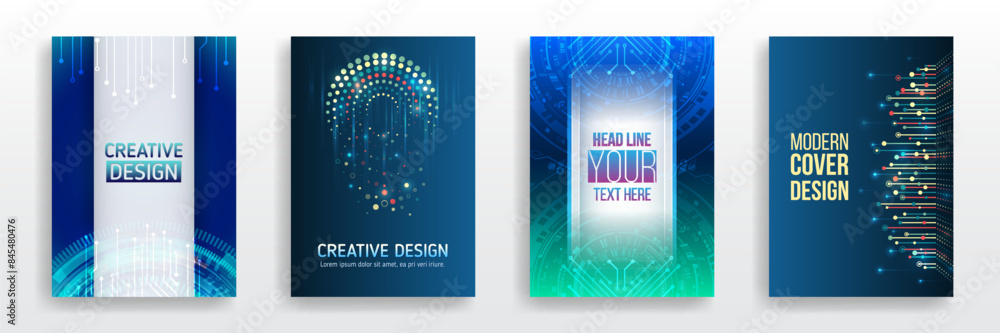 Wall mural Modern technology design for posters. Futuristic background for flyer, brochure. Scientific cover template for presentation, banner. Page layout set for sci-fi. Set of high-tech covers for marketing.