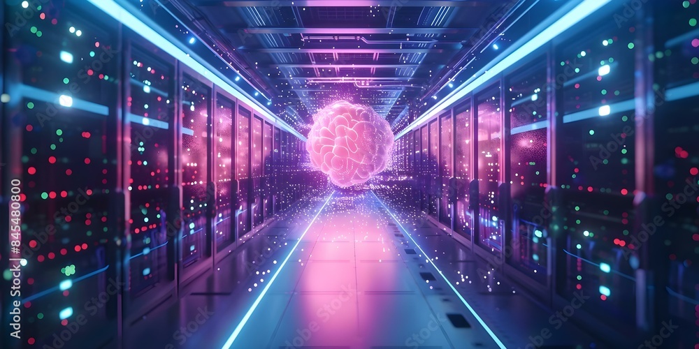 Poster the centerpiece a holographic neural network in a data server room. concept technology, data servers