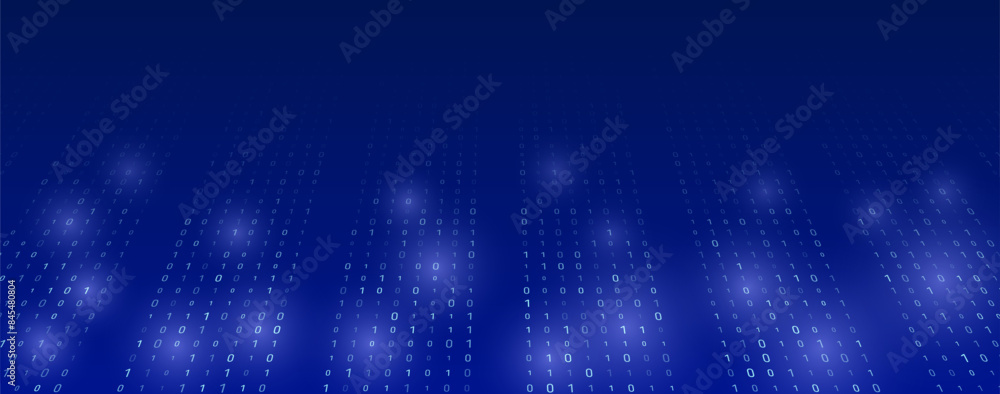 Poster Analytics, sorting, structuring, information transfer. Blue background with data flow. Binary code, artificial intelligence. Program code. Computer background of numbers.