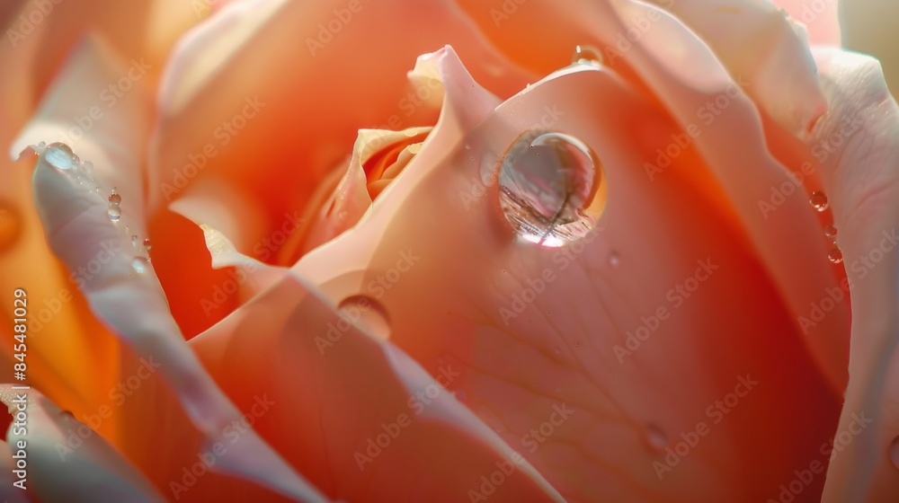 Poster macro shot of a water droplet clinging to the petal of a delicate rose, refracting light like a tiny