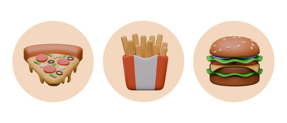 Round icons for fast food menu design. Creative templates for ordering of pizza, fries, burger
