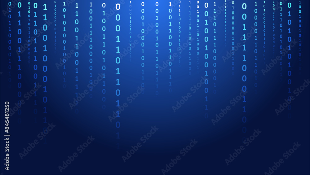 Poster Computer background of numbers. Analytics, sorting, structuring, information transfer. Blue background with data flow. Binary code, artificial intelligence. Program code.