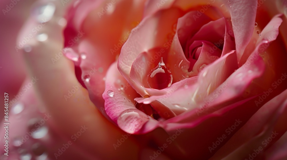 Poster macro shot of a water droplet clinging to the petal of a delicate rose, refracting light like a tiny