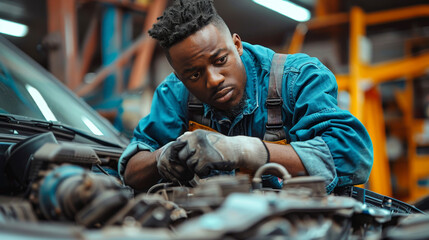 Focused mechanic working on car engine in auto repair shop