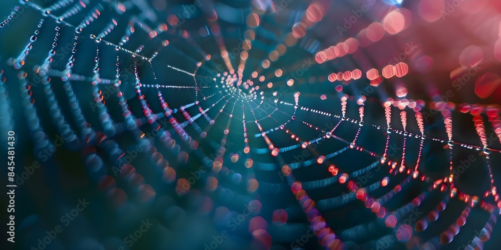 Poster designing network infrastructure inspired by spider webs maximizing resilience, adaptability, and ef