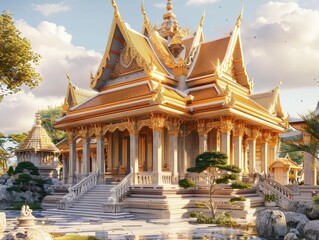 Fototapeta premium A large, ornate building with a gold roof and a lot of trees in the background